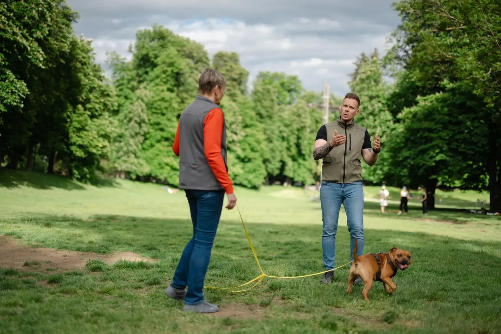 Hundetrainer Steffen Taubitz erklärt einer Kundin im Park in Graz die nächste Übung, ihr Hund steht entspannt an der Schleppleine